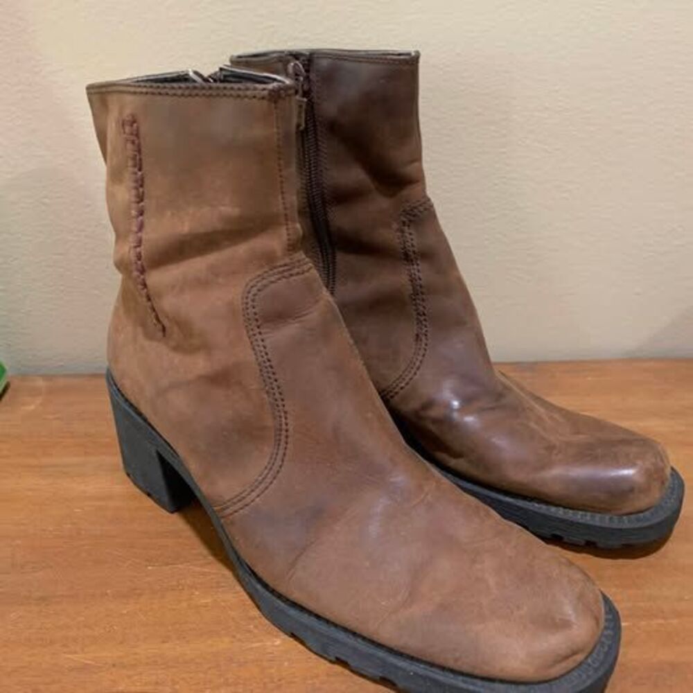 Brown Leather Ankle Boots with Chunky Heel